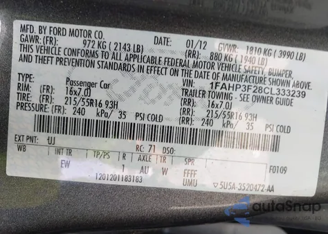 2012 Ford Focus Se из США, поврежденный, VIN 1FAHP3F28CL333239